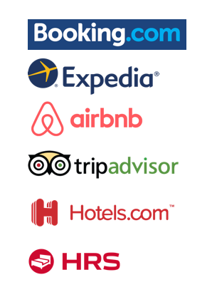 booking.com, Expedia, airbnb, trip advisor, hotels.com and HRS logo