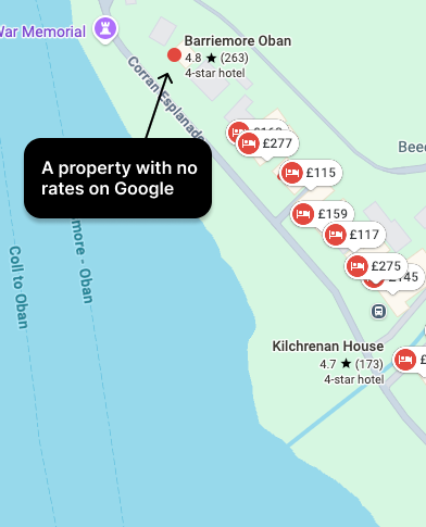 Google Maps showing Barriemore Oban marked as a property with no rates on Google
