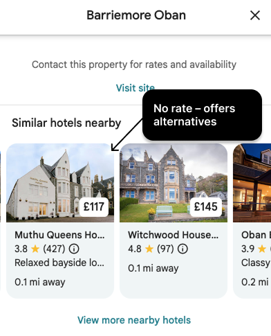 Google search result for Barriemore Oban showing no direct rate and similar hotels nearby
