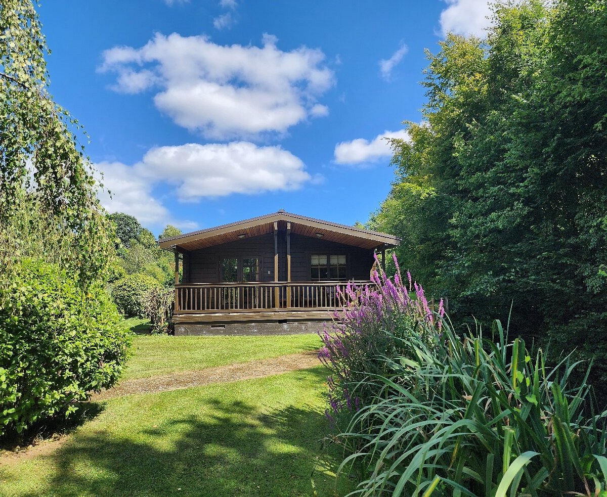 A wooden lodge surrounded by gardens at Willowbank Lodges